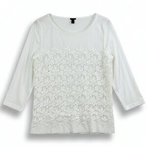 J.Crew White Lace Overlay Knit Top 3/4 Sleeve Stretch Blouse Size M